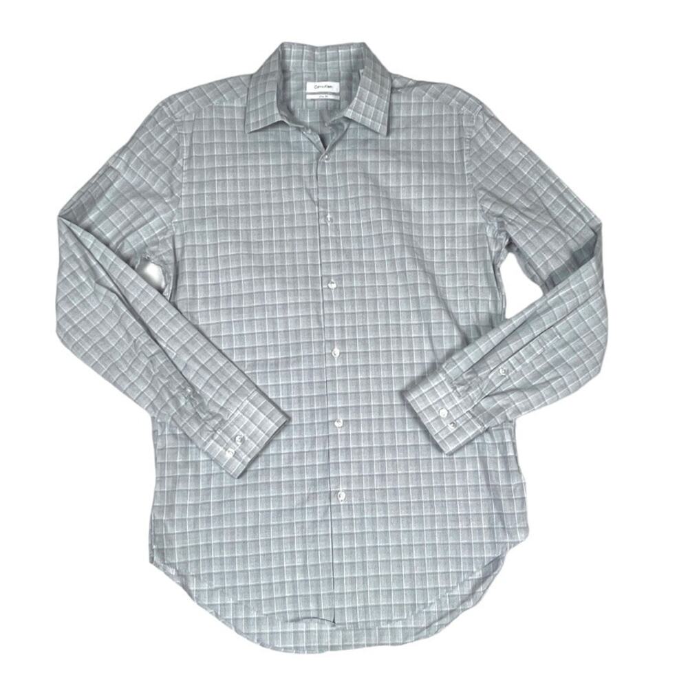 Calvin Klein Button Up Shirt Slim Fit Blue Check Long Sleeve Mens Medium 15-15.5